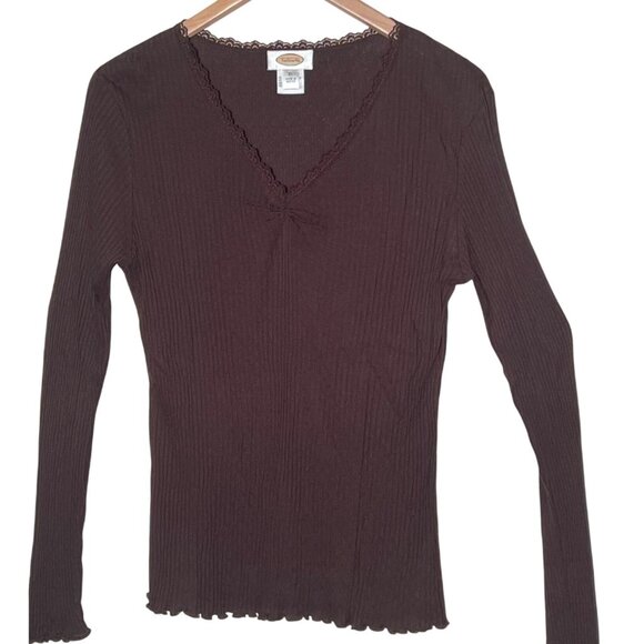 Talbots Top XL Pull Over Brown Lace Trim 60% Pima Cotton 40% Modal Ribbed Y2K - Picture 1 of 15